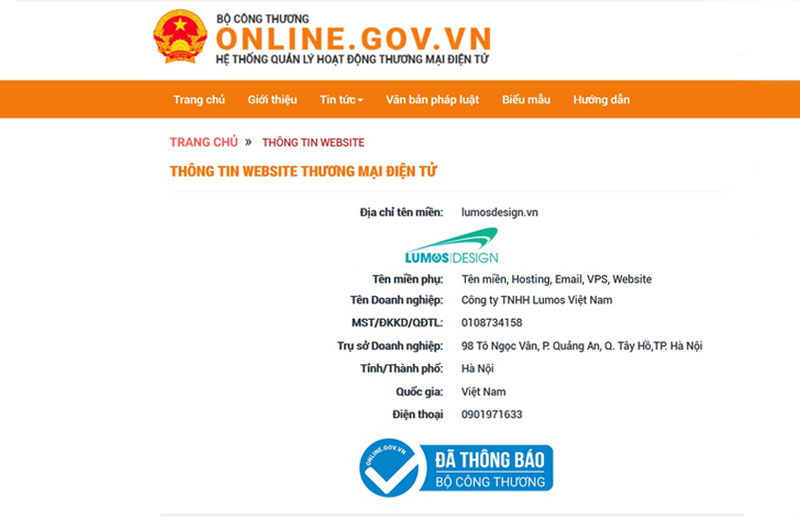 Website hiển thị sau khi đã đăng ký thành công với Bộ Công Thương